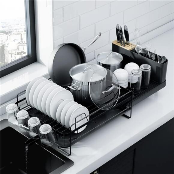 Large Dish Drying Rack Extendable Kitchen Counter Organizer with Cutlery Cup Hol - Picture 1 of 7